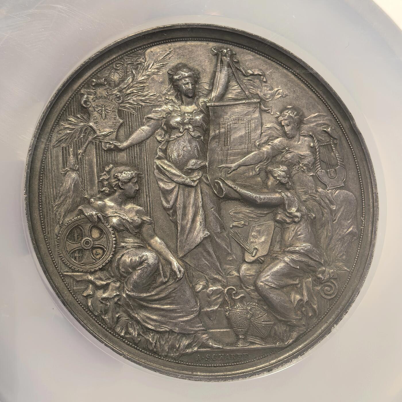 博洋堂世界钱币拍卖第110期（全场包邮） 安东.沙夫作品，奥地利1875年鲁道夫音乐厅落成纪念银章，直径65mm，NGC MS61