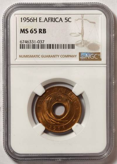 紫瑗钱币——第576期 - 英属东非 1956年 H版 伊丽莎白二世 5分 红铜币 NGC MS65 RB