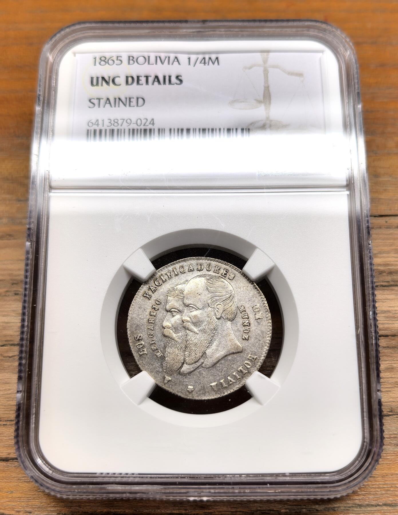 凡希社世界钱币微拍第二百九十七期 1865玻利维亚1/4M银币NGC-UNCD