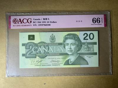 【礼羽收藏】🌏世界钱币拍卖第85期 - 【EWF7069398】全新UNC 1991年加拿大0加元纸币 鸟版 女王钞 无4号码尾8