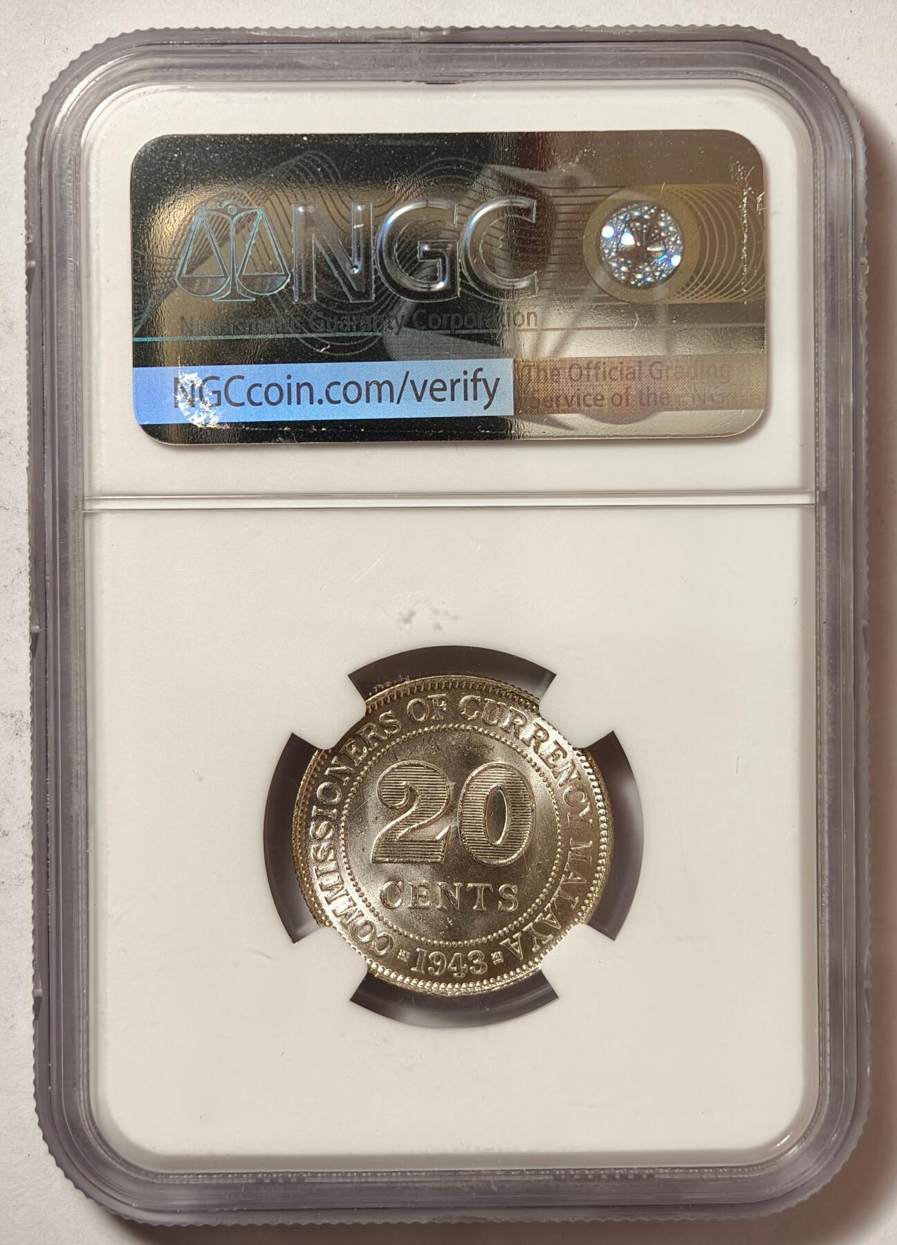 紫瑗钱币——第508期 马来亚 1943年 乔治六世 20分 银币 NGC MS64