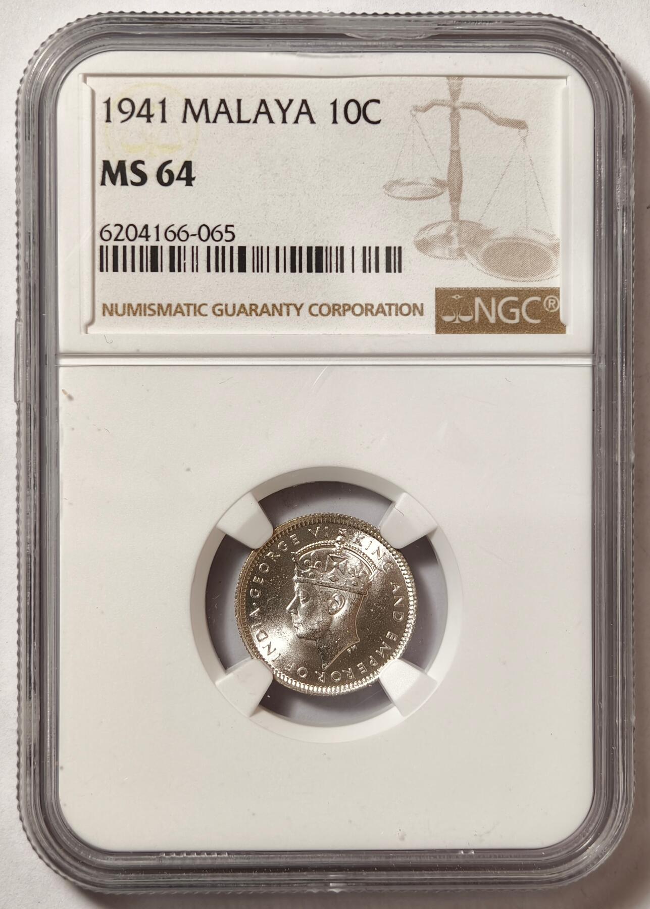 紫瑗钱币——第506期 马来亚 1941年 乔治六世 10分 银币 NGC MS64