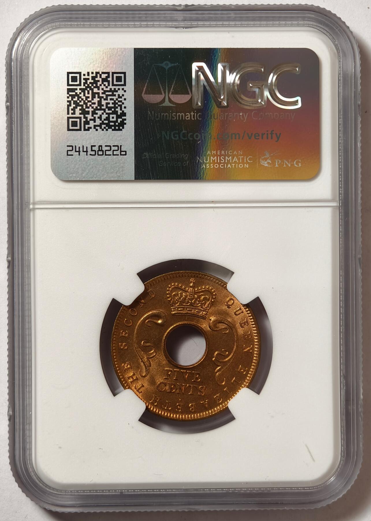 紫瑗钱币——第506期 英属东非 1956年 H版 伊丽莎白二世 5分 红铜币 NGC MS65 RB