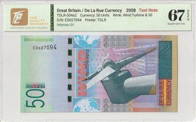 【游宝拍卖】乙巳蛇年第4期 1元起拍最低佣金1元 - 英国-50Energy测试钞【2008年 德纳罗DeLaRue可再生能源概念钞-风能 TQG 67EPQ】