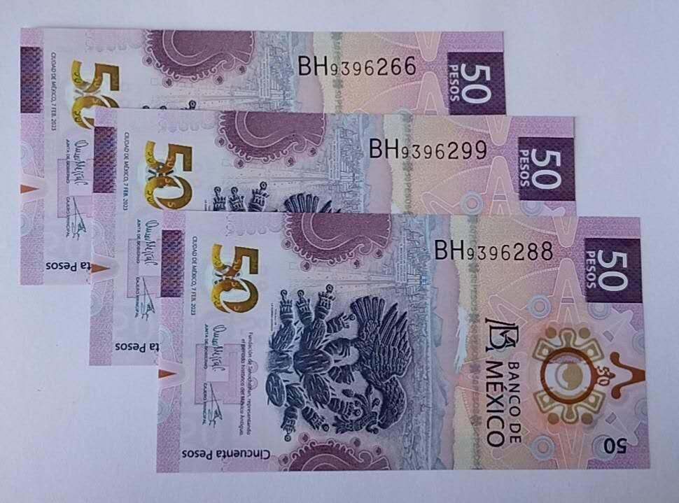 天和轩精品钱币第57场 全新UNC  墨西哥50塑料钞 3张尾号靓号66-88-99  同签名