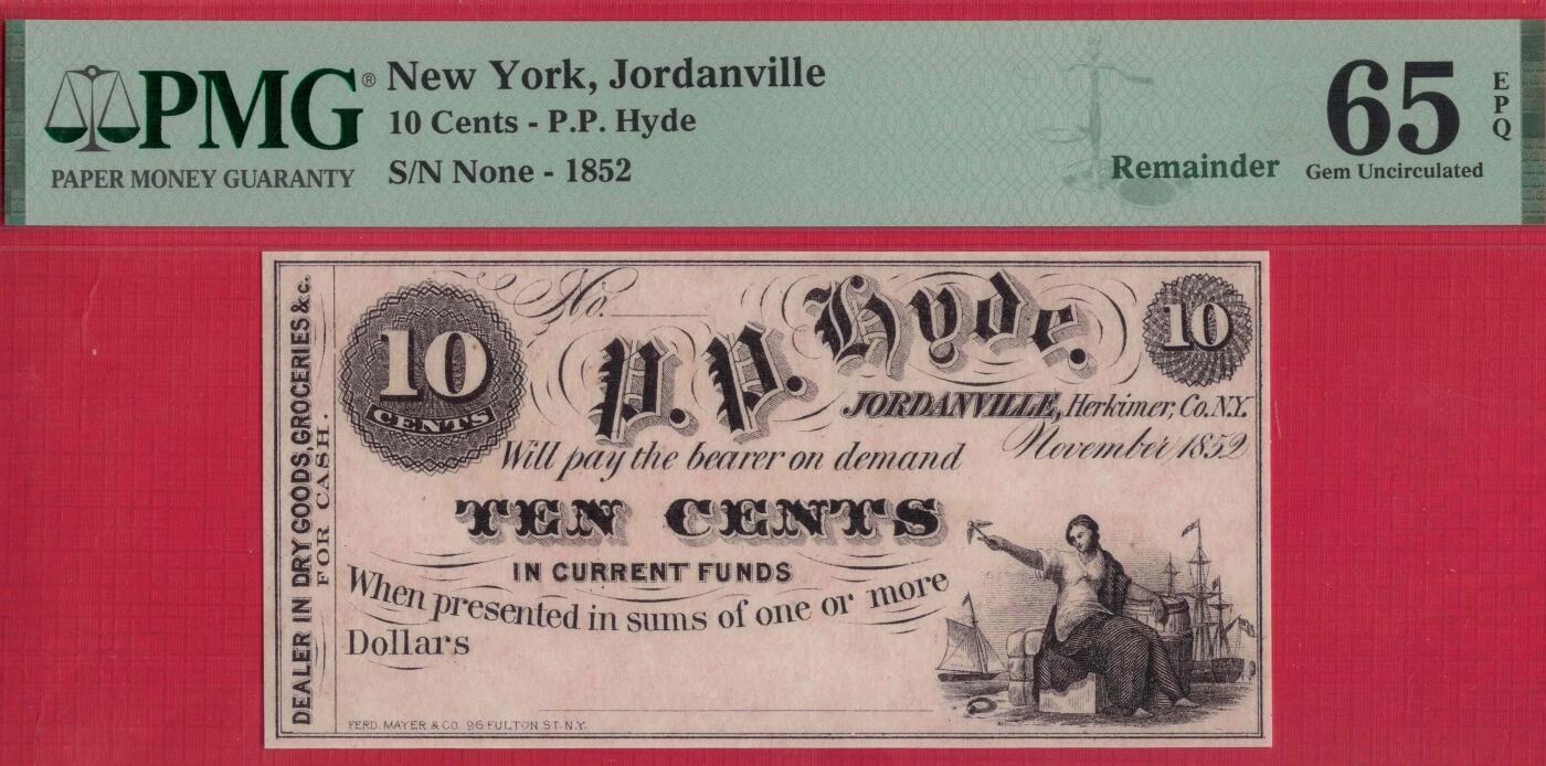 美国纽约乔尔丹维尔1852年10分 库存票 实物图 UNC