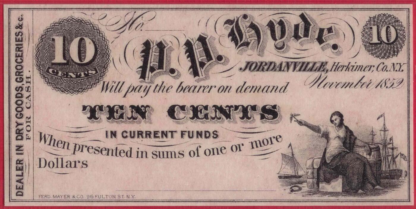 美国纽约乔尔丹维尔1852年10分 库存票 实物图 UNC