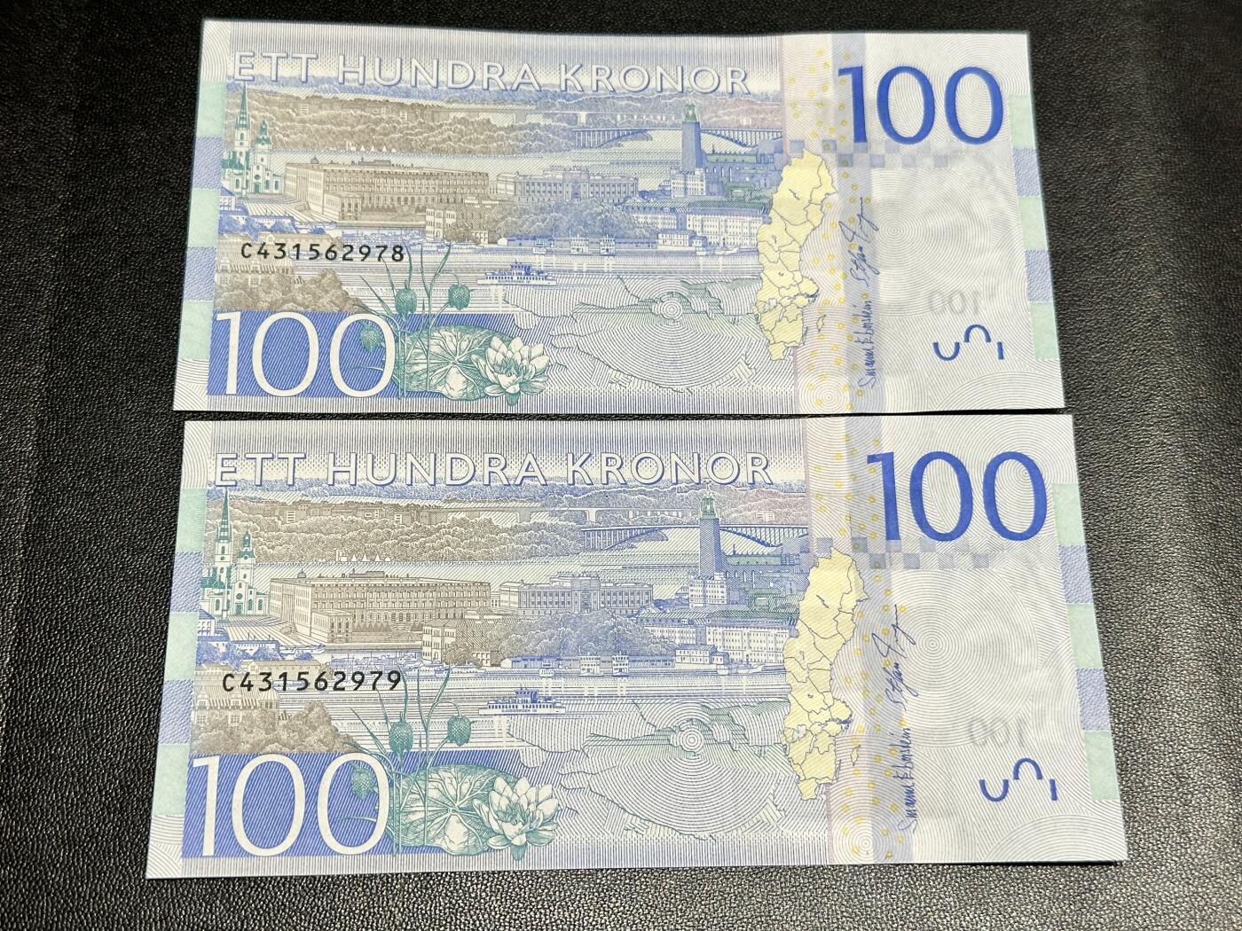 《外钞收藏家》第四百八十六期 最新版瑞典100克朗 嘉宝 两张连号 全新 一个角轻微钝