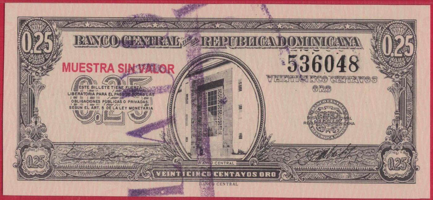 多米尼加1961年25分 样钞(票样 样票) 尾8 冠军分 P-88s 实物图 UNC