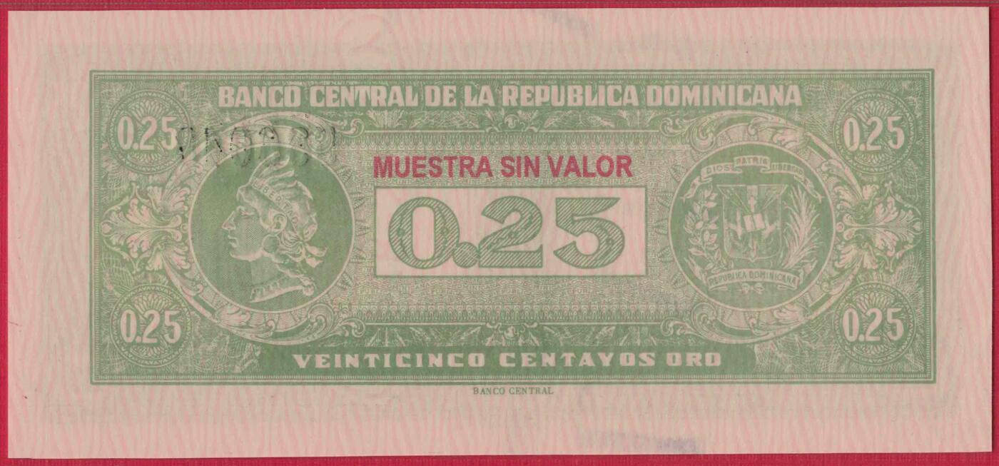 多米尼加1961年25分 样钞(票样 样票) 尾8 冠军分 P-88s 实物图 UNC