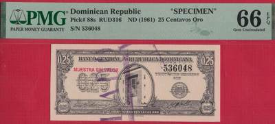 多米尼加1961年25分 样钞(票样 样票) 尾8 冠军分 P-88s 实物图 UNC - 多米尼加1961年25分 样钞(票样 样票) 尾8 冠军分 P-88s 实物图 UNC