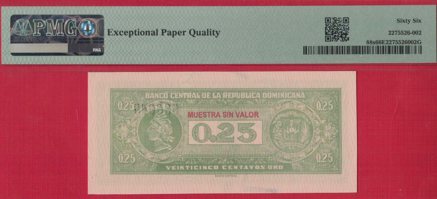 多米尼加1961年25分 样钞(票样 样票) 尾8 冠军分 P-88s 实物图 UNC