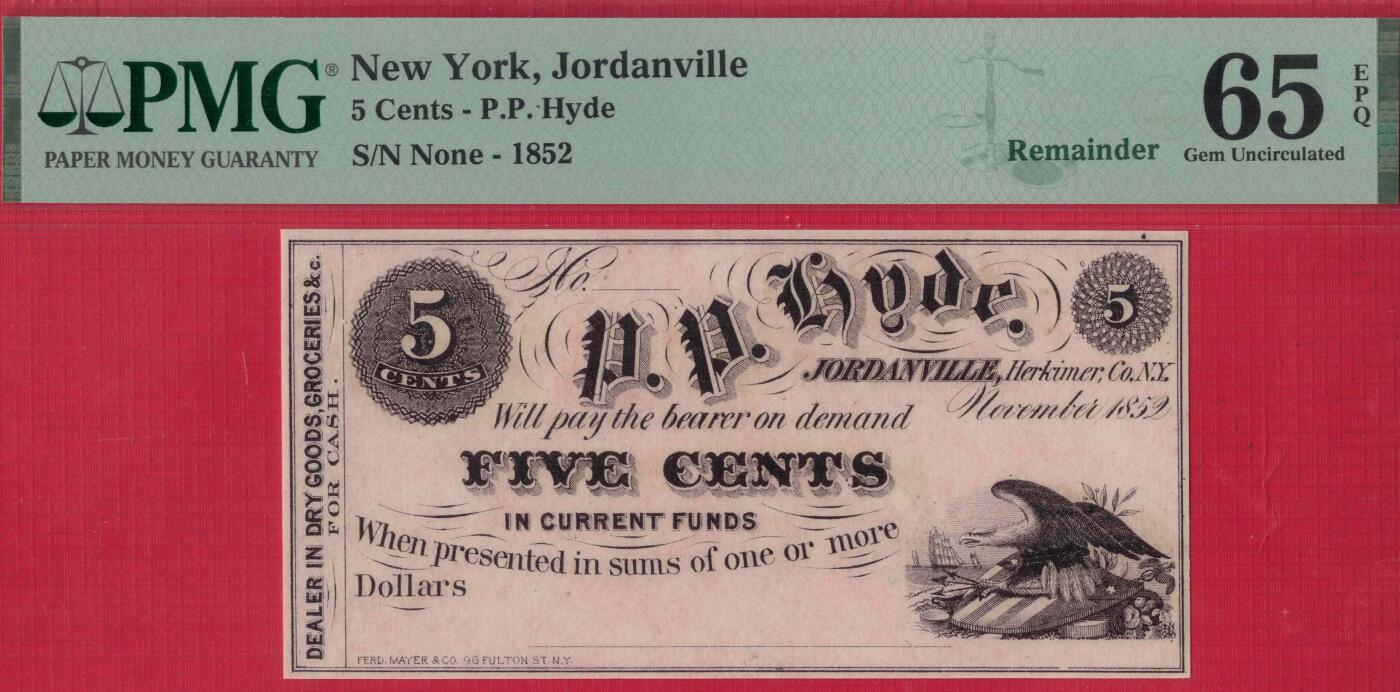 美国纽约乔尔丹维尔1852年5分 库存票 实物图 UNC