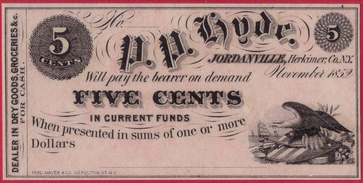 美国纽约乔尔丹维尔1852年5分 库存票 实物图 UNC