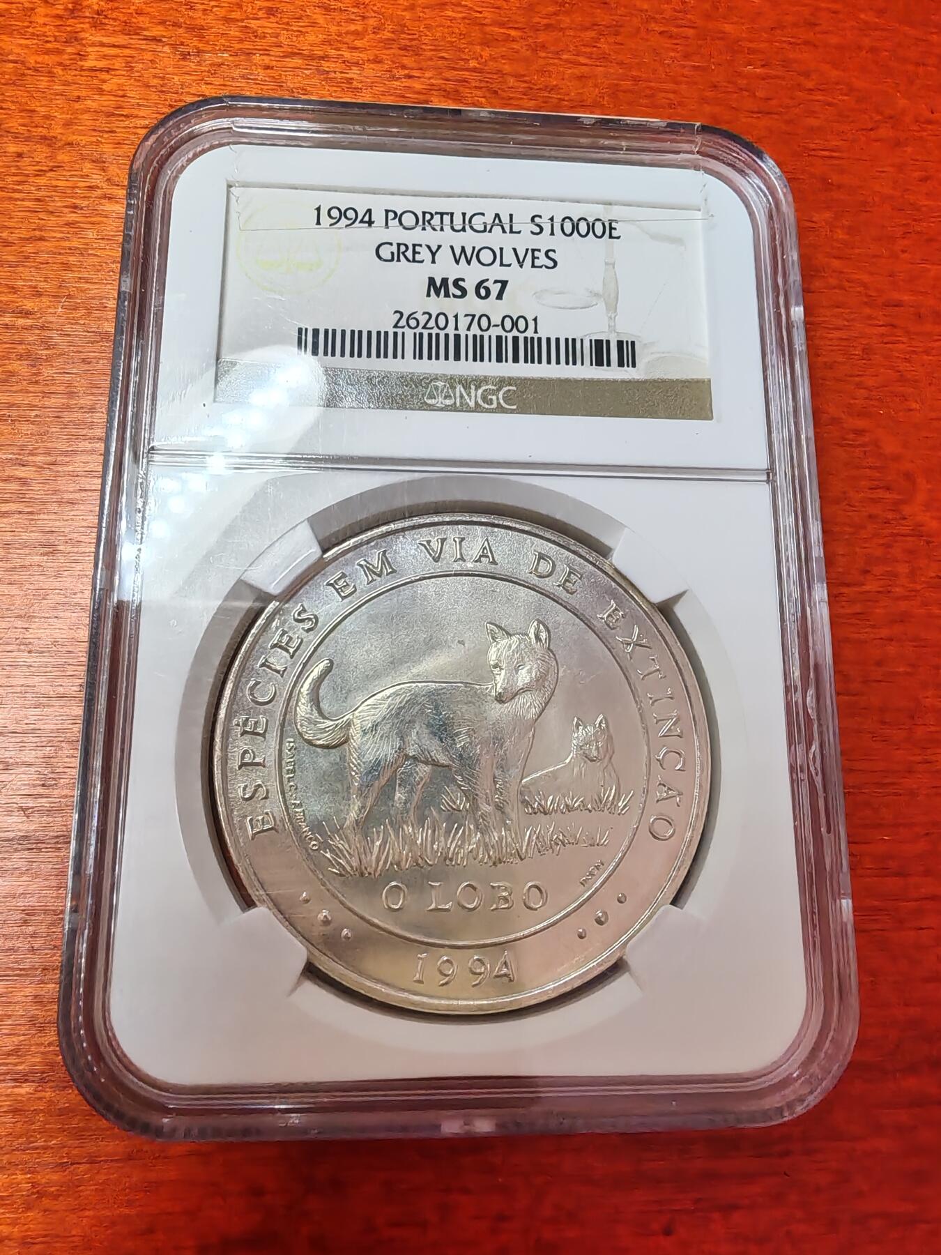长老汇蛇年精选第四场拍卖 1994葡萄牙灰狼1000埃斯库多斯银币，NGC MS67分，唯一记录，克书65分135美金，HA拍卖原物，N盒官网63分145美金，精制币裸币300美金