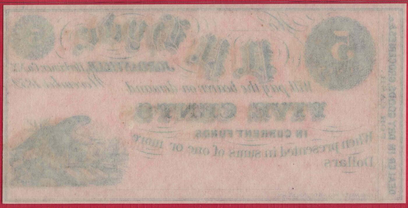 美国纽约乔尔丹维尔1852年5分 库存票 实物图 UNC