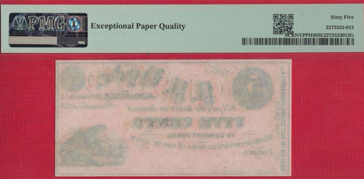 美国纽约乔尔丹维尔1852年5分 库存票 实物图 UNC