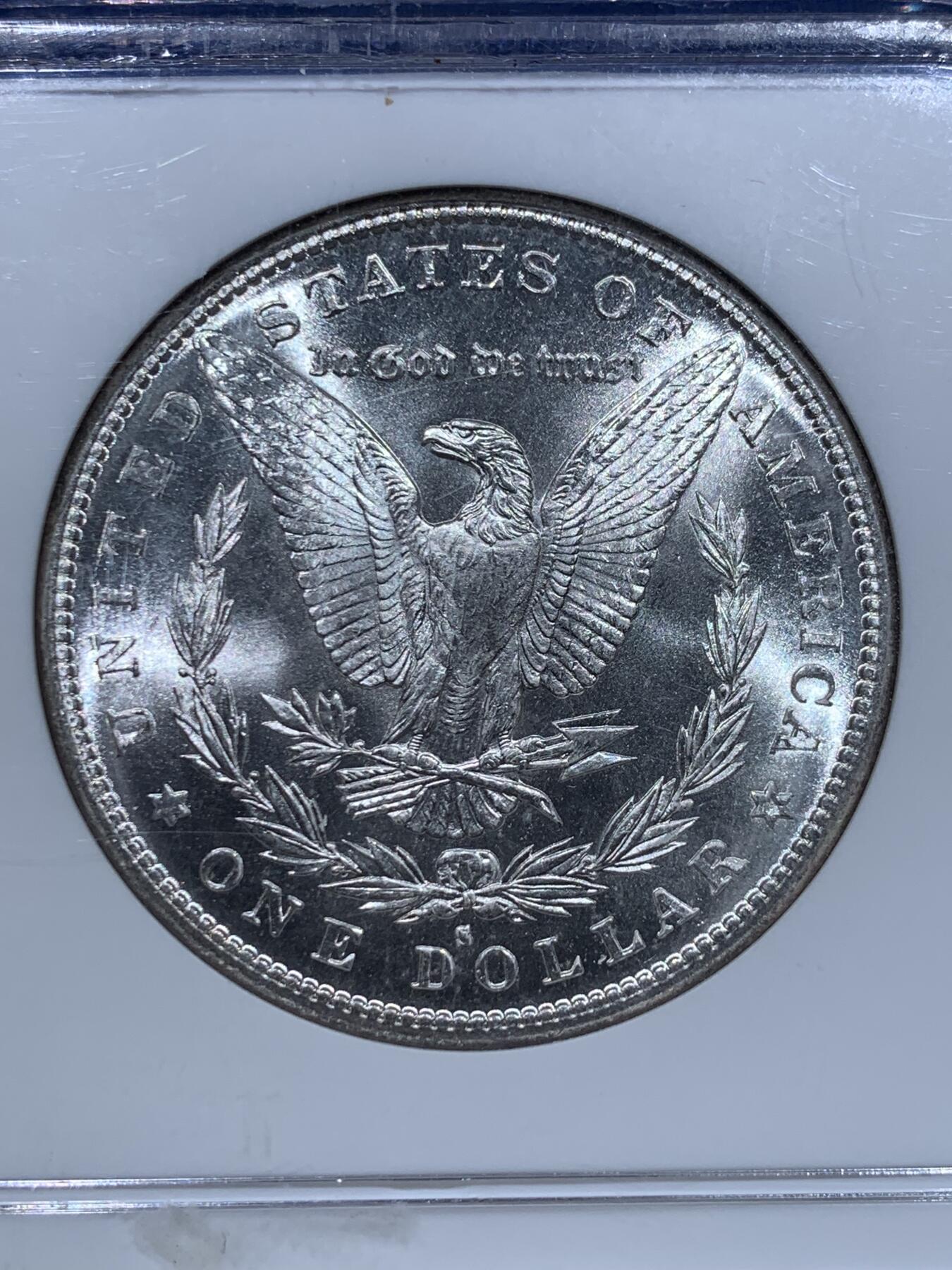 《竞宝斋》第353场 周日，周一，周二 3场连拍 （全场包邮） NGC MS64 美国1882年1美元摩根银币，S厂出品，光度好，老盒。