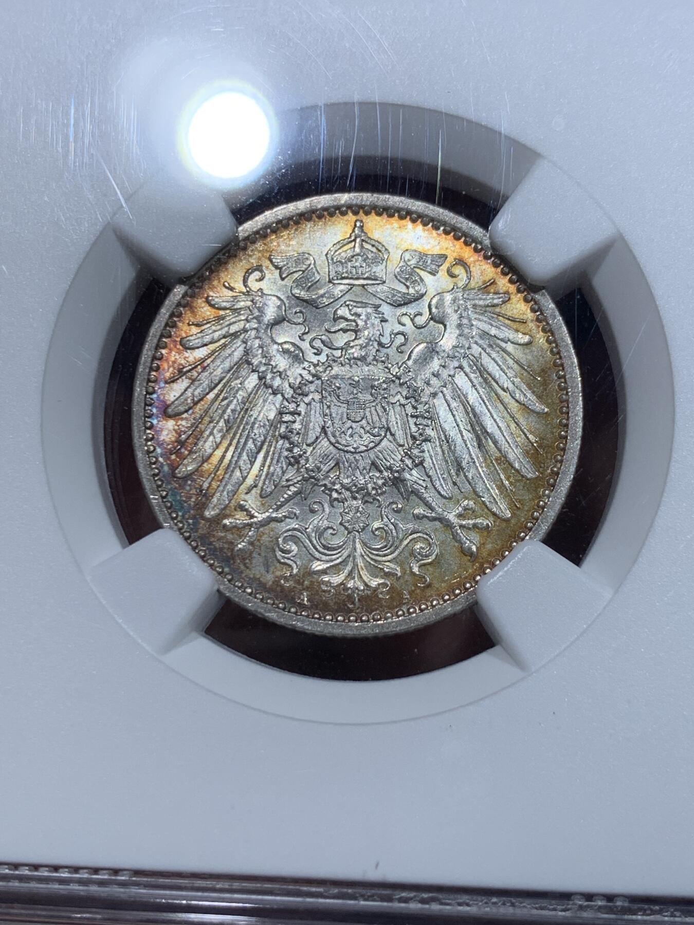 《竞宝斋》第353场 周日，周一，周二 3场连拍 （全场包邮） NGC MS64 德国1914年1马克银币，双面淡彩包浆