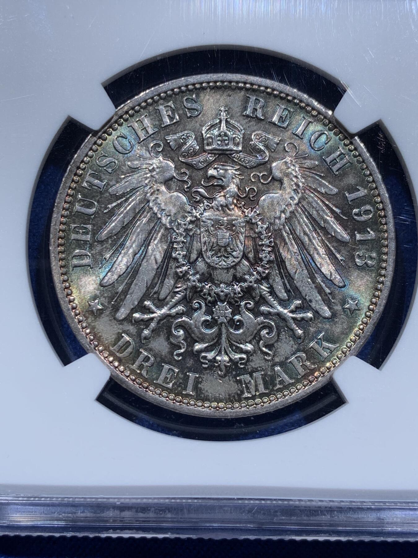 《竞宝斋》第354场 周日，周一，周二 3场连拍 （全场包邮） NGC MS64 德国1913年萨克森建功碑3马克银币