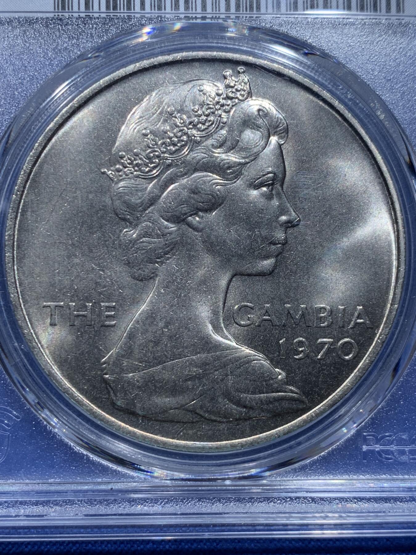 《竞宝斋》第354场 周日，周一，周二 3场连拍 （全场包邮） PCGS MS66 冈比亚1970年8先令大镍币，稀有大河马币特殊面值，亚军分数