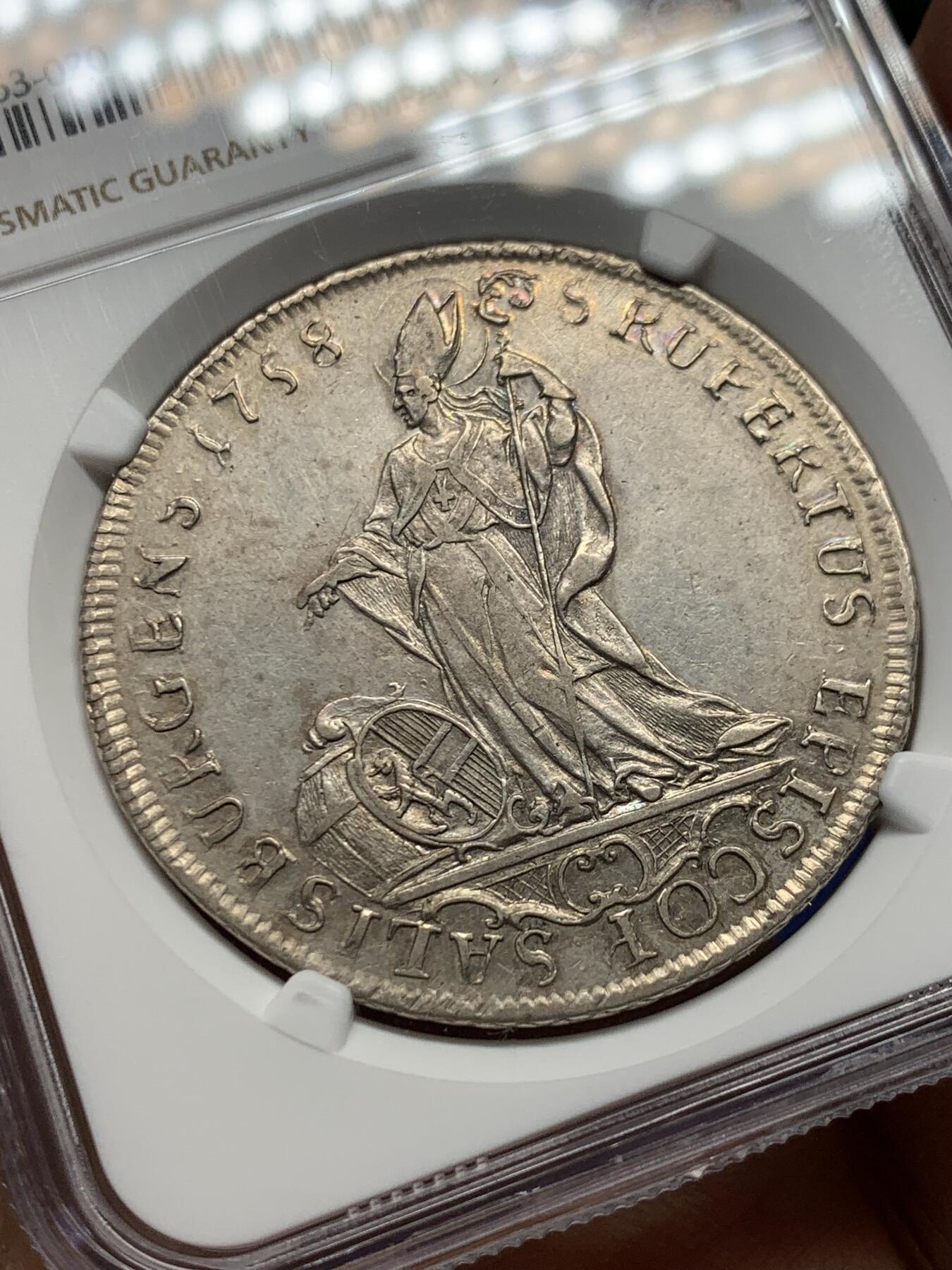 《竞宝斋》第353场 周日，周一，周二 3场连拍 （全场包邮） NGC AU55 萨尔茨堡 1758年 西格斯蒙德主教泰勒大银币 非常少见的一枚 状态极好 略微低评