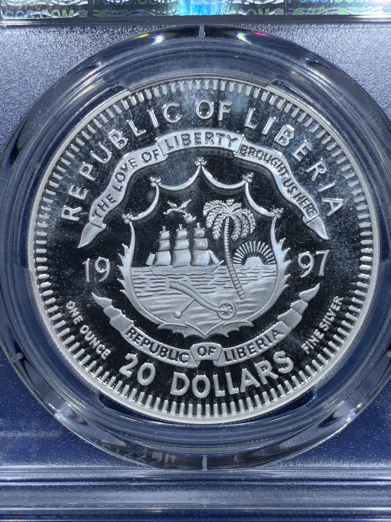 《竞宝斋》第353场 周日，周一，周二 3场连拍 （全场包邮） PCGS PR68DCAM 利比里亚1997年20元精制银币 邓小平逝世 1盎司999银 更高评级数量：5枚