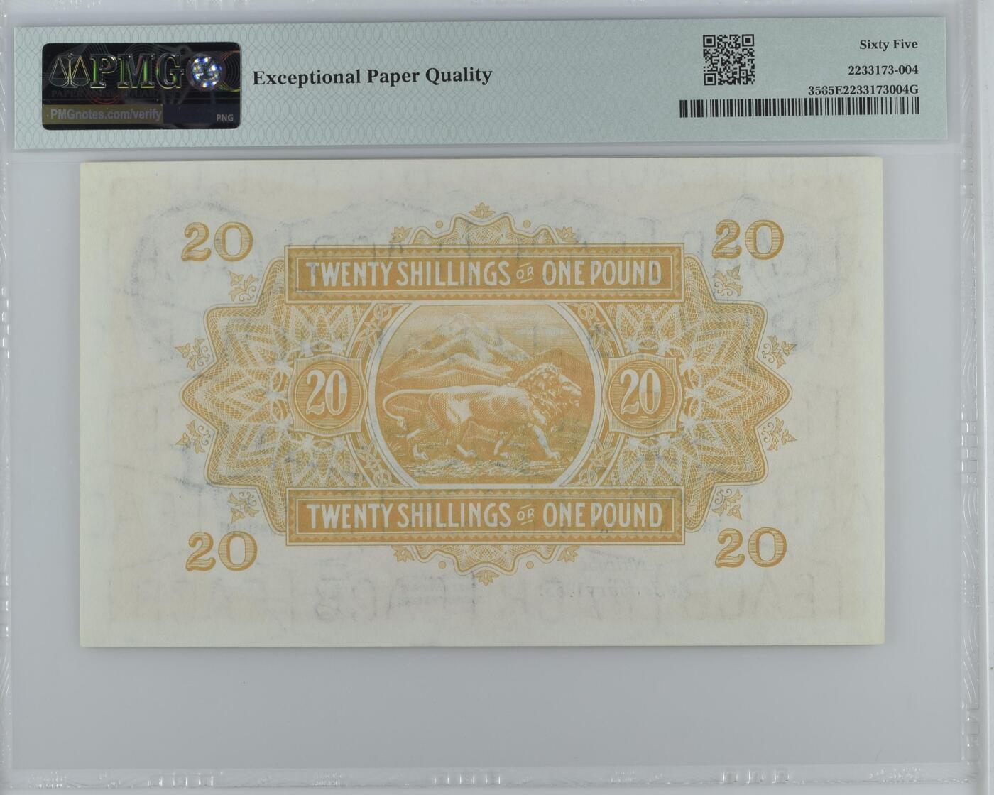 收藏联盟Quantum Auction 第409期拍卖 @征集拍品 长期供货可享分佣福利  1953-56年东非20先令 PMG65E East Africa, Currency Board, 20/- Shillings = �1 1953-56 - Nairobi