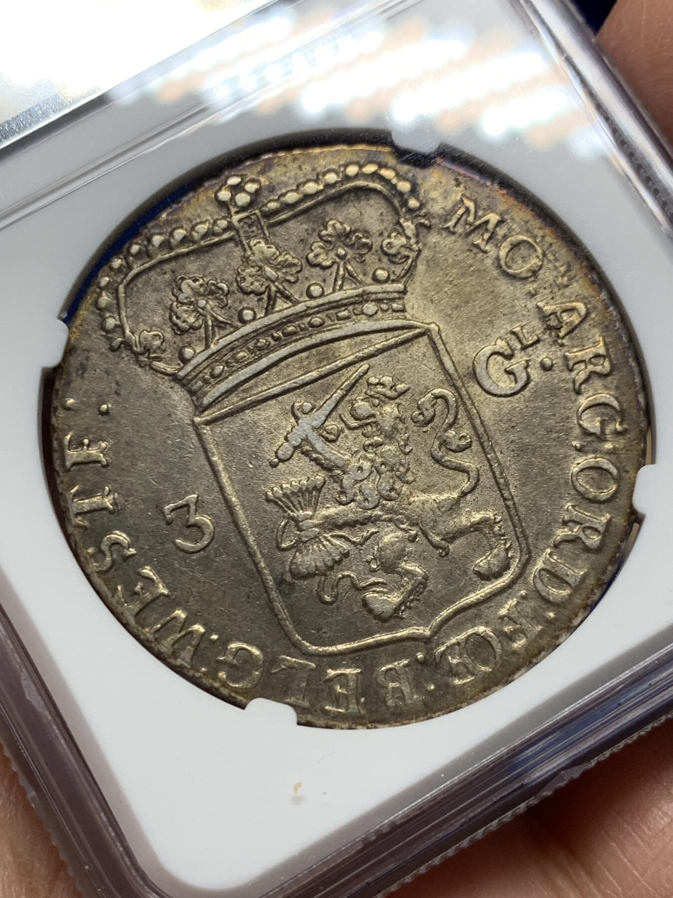 《竞宝斋》第354场 周日，周一，周二 3场连拍 （全场包邮） NGC AUD 荷兰1791年西弗里斯兰省站人3盾大银币 人物脸部清晰