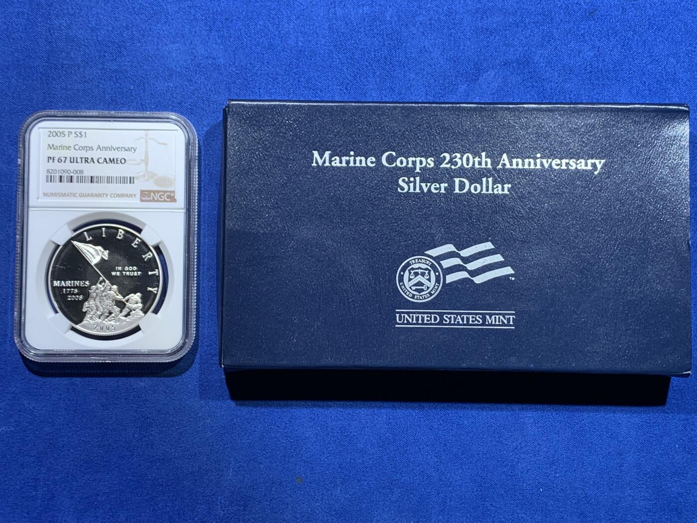 《竞宝斋》第353场 周日，周一，周二 3场连拍 （全场包邮） NGC PF67UC 美国2005年海军陆战队成立230周年精制纪念银币（2007年度克劳斯获奖币之最佳硬币及最佳克朗币）礼盒装