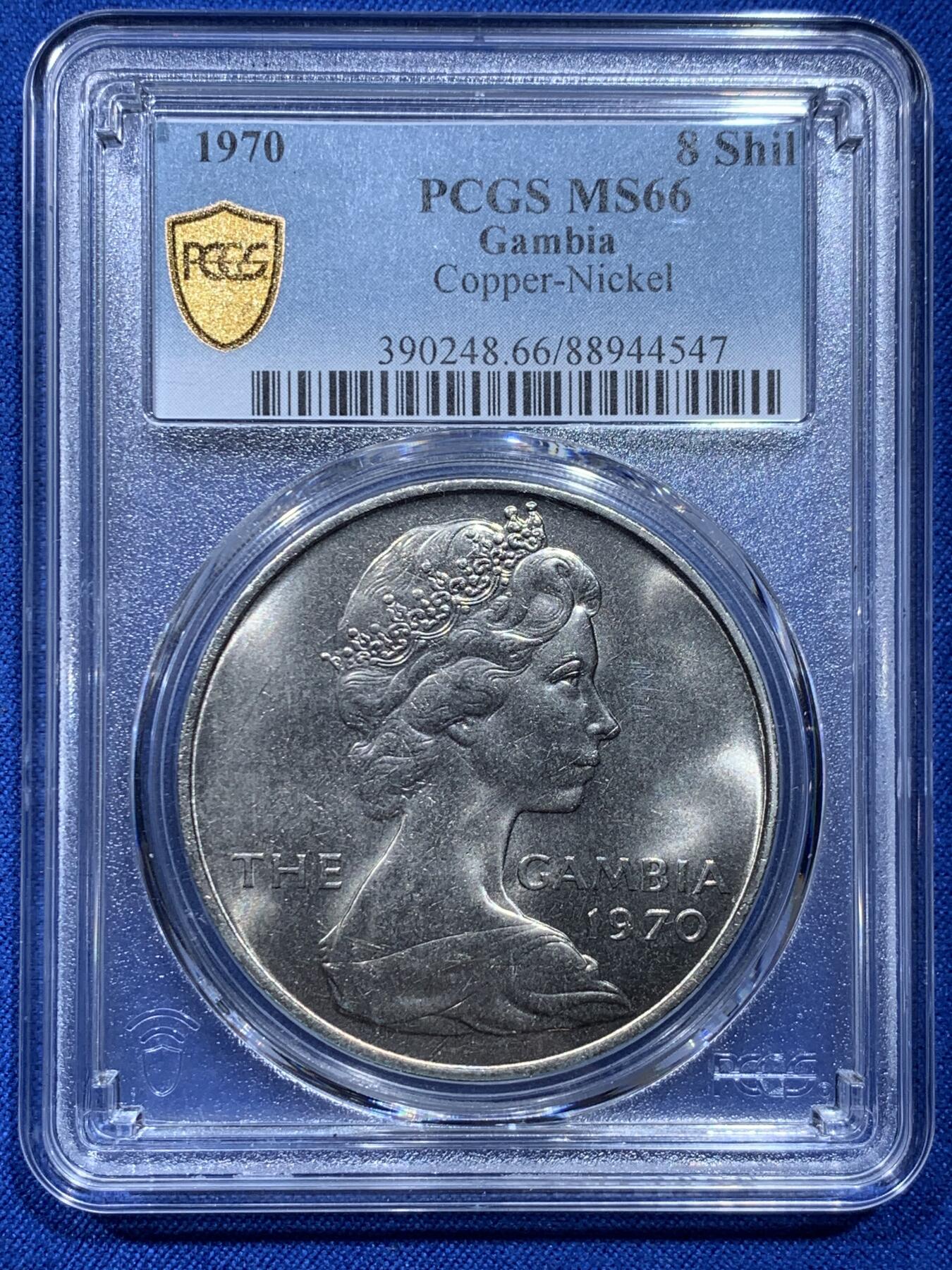 《竞宝斋》第354场 周日，周一，周二 3场连拍 （全场包邮） PCGS MS66 冈比亚1970年8先令大镍币，稀有大河马币特殊面值，亚军分数