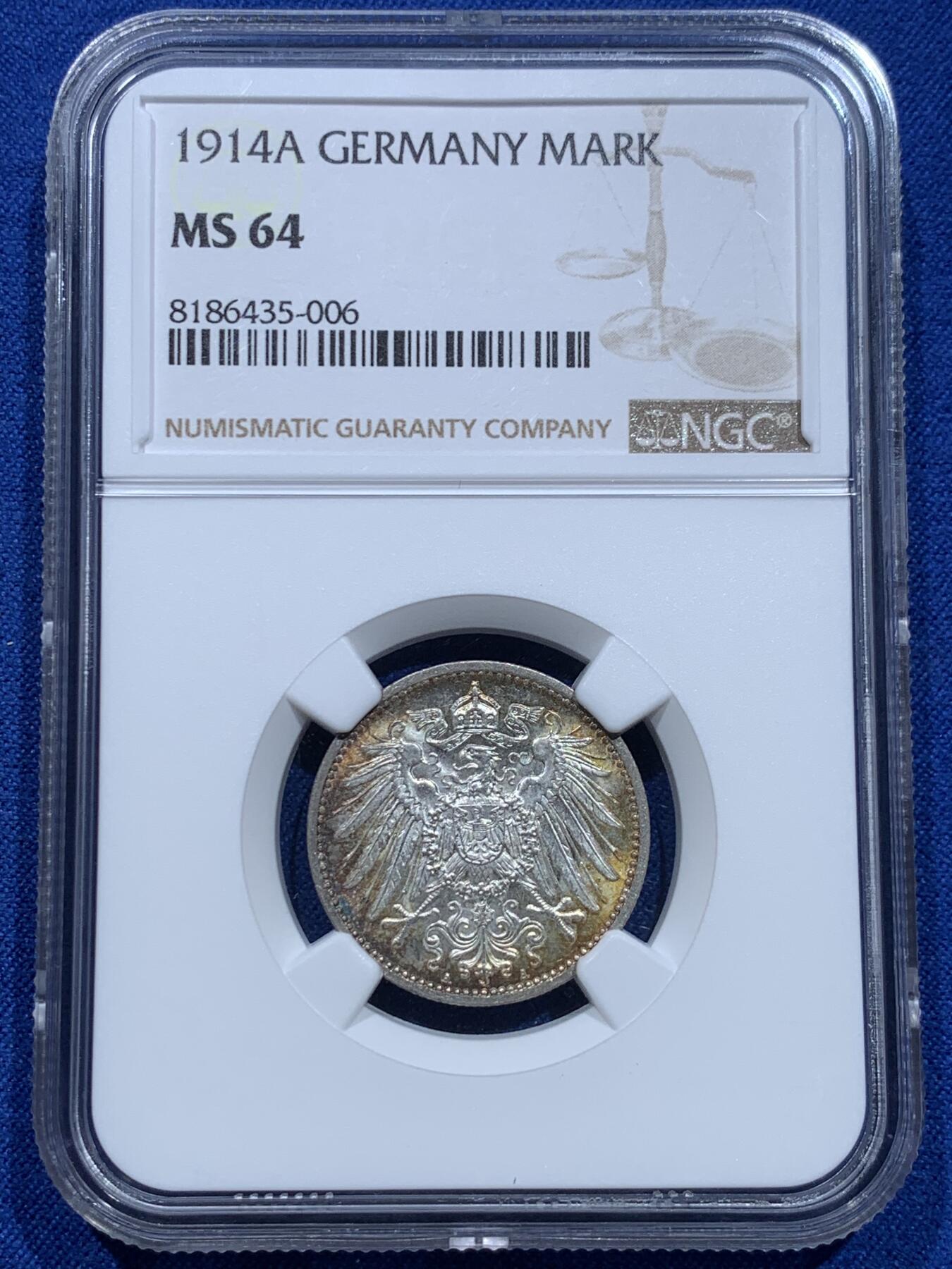 《竞宝斋》第353场 周日，周一，周二 3场连拍 （全场包邮） NGC MS64 德国1914年1马克银币，双面淡彩包浆