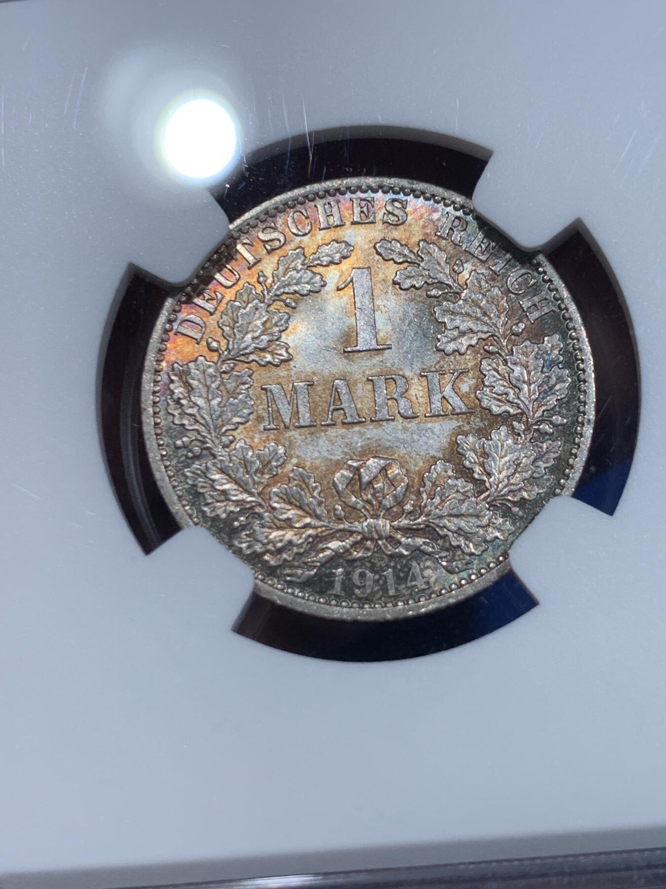 《竞宝斋》第353场 周日，周一，周二 3场连拍 （全场包邮） NGC MS64 德国1914年1马克银币，双面淡彩包浆