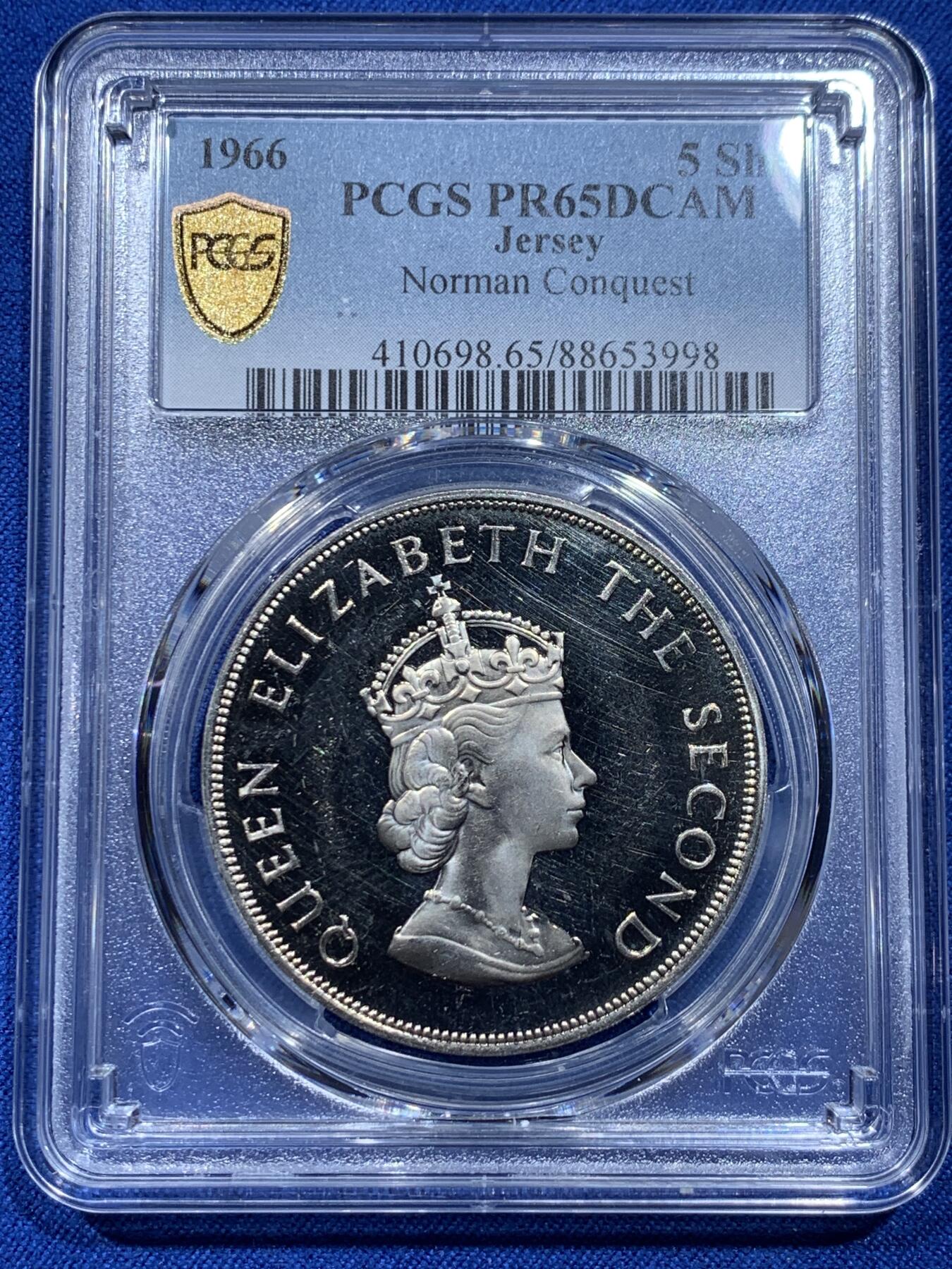 《竞宝斋》第354场 周日，周一，周二 3场连拍 （全场包邮） PCGS PR65DCAM 英属泽西1966年伊丽莎白女王5先令诺曼征服纪念精制克朗币