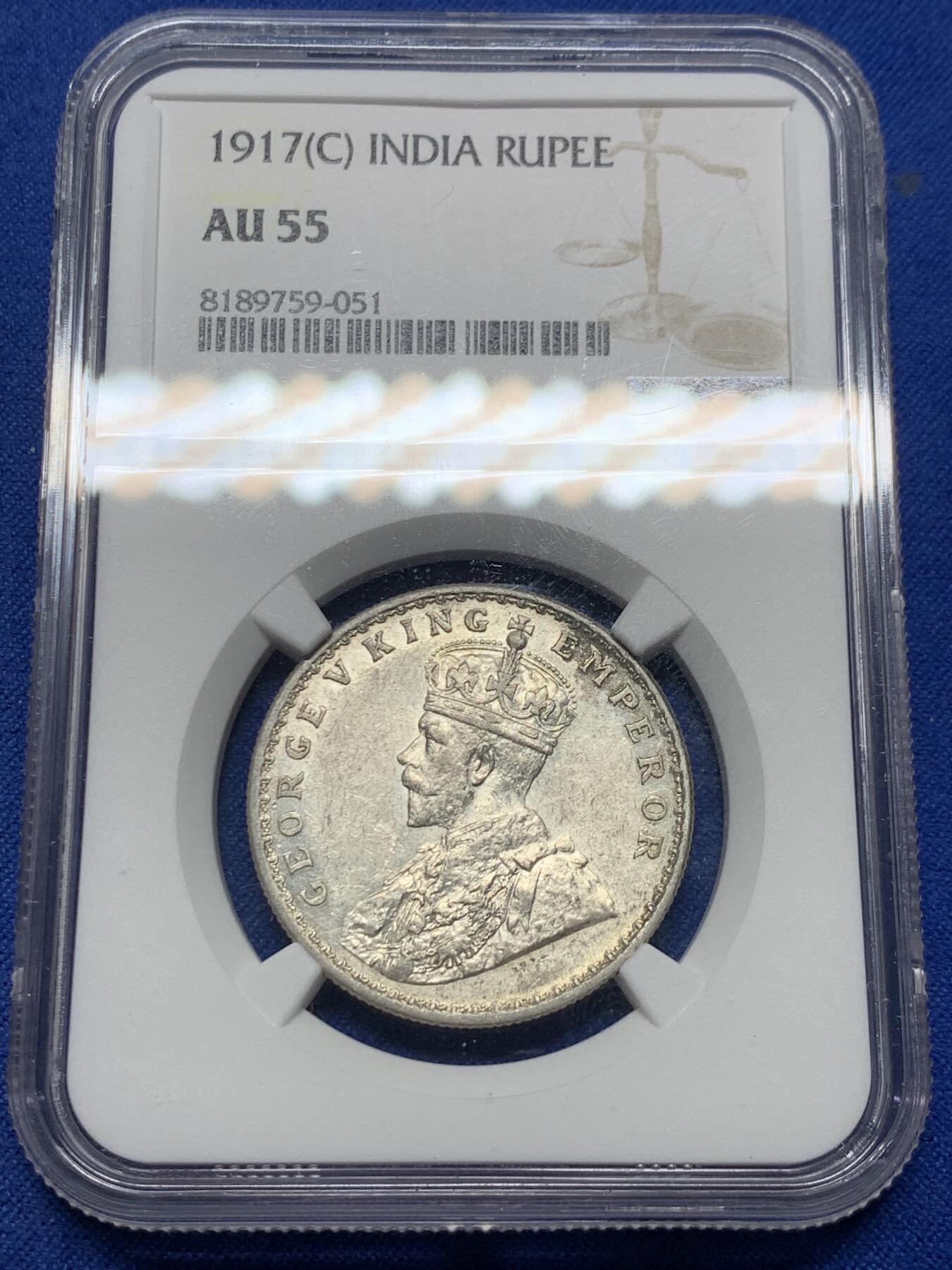 《竞宝斋》第354场 周日，周一，周二 3场连拍 （全场包邮） NGC AU55 英属印度 1917年 C版 乔五 1卢比银币