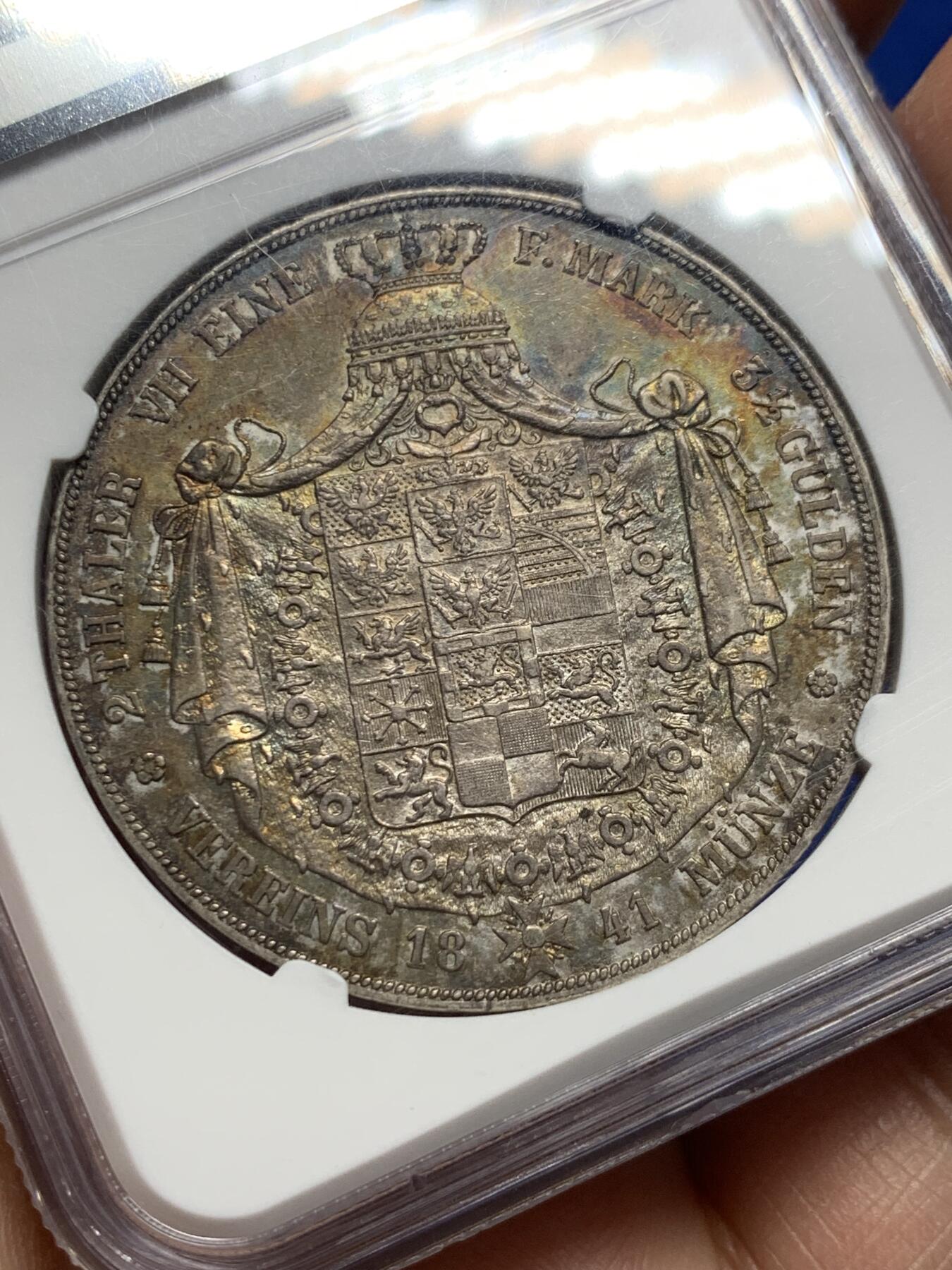 《竞宝斋》第354场 周日，周一，周二 3场连拍 （全场包邮） NGC AU58 德国1841年普鲁士威廉四世2泰勒银币