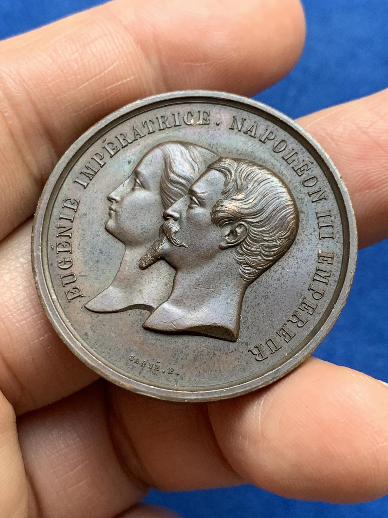 《竞宝斋》第353场 周日，周一，周二 3场连拍 （全场包邮） 法国1855年巴黎世博会纪念铜章 手指边铭 22.4克 36.9mm