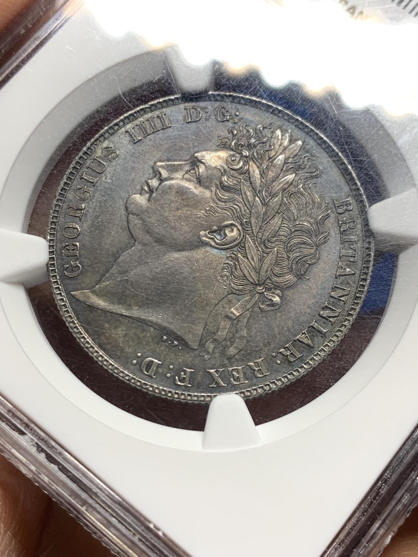 《竞宝斋》第354场 周日，周一，周二 3场连拍 （全场包邮） NGC MS63 英国1820年乔治四世半克朗银币，酱彩包浆，细节很好，名誉品种