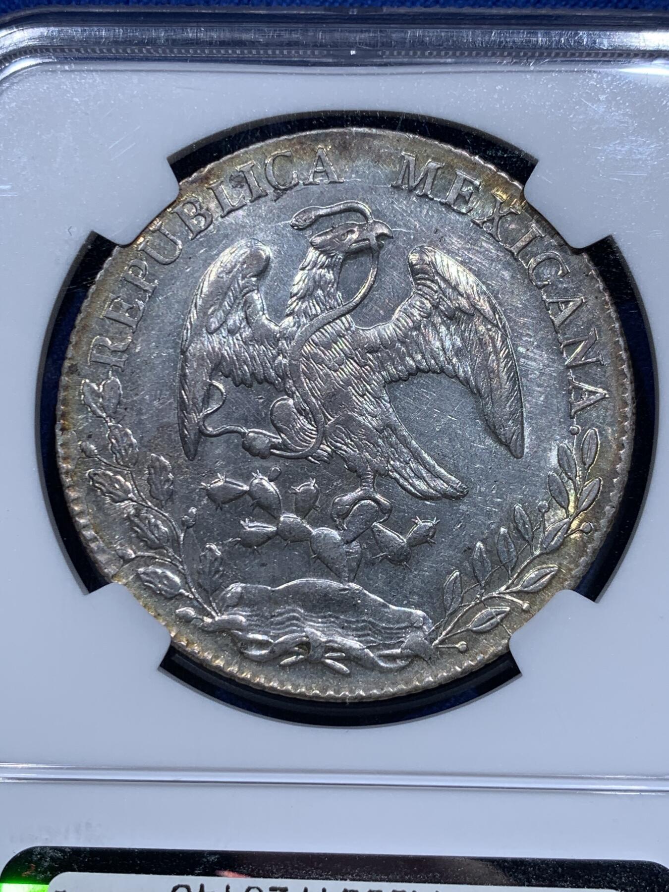 《竞宝斋》第354场 周日，周一，周二 3场连拍 （全场包邮） NGC MS62 墨西哥 1896年 MO厂AB版花边鹰洋8R银币（稀有版别，只铸造了1895/1896共2个年份，亮眼的环彩包浆，状态极佳）