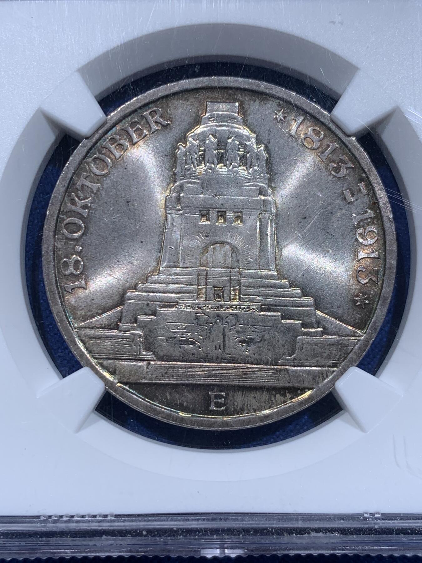 《竞宝斋》第354场 周日，周一，周二 3场连拍 （全场包邮） NGC MS64 德国1913年萨克森建功碑3马克银币