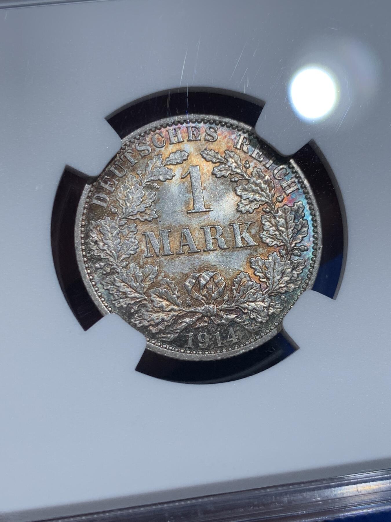 《竞宝斋》第353场 周日，周一，周二 3场连拍 （全场包邮） NGC MS64 德国1914年1马克银币，双面淡彩包浆