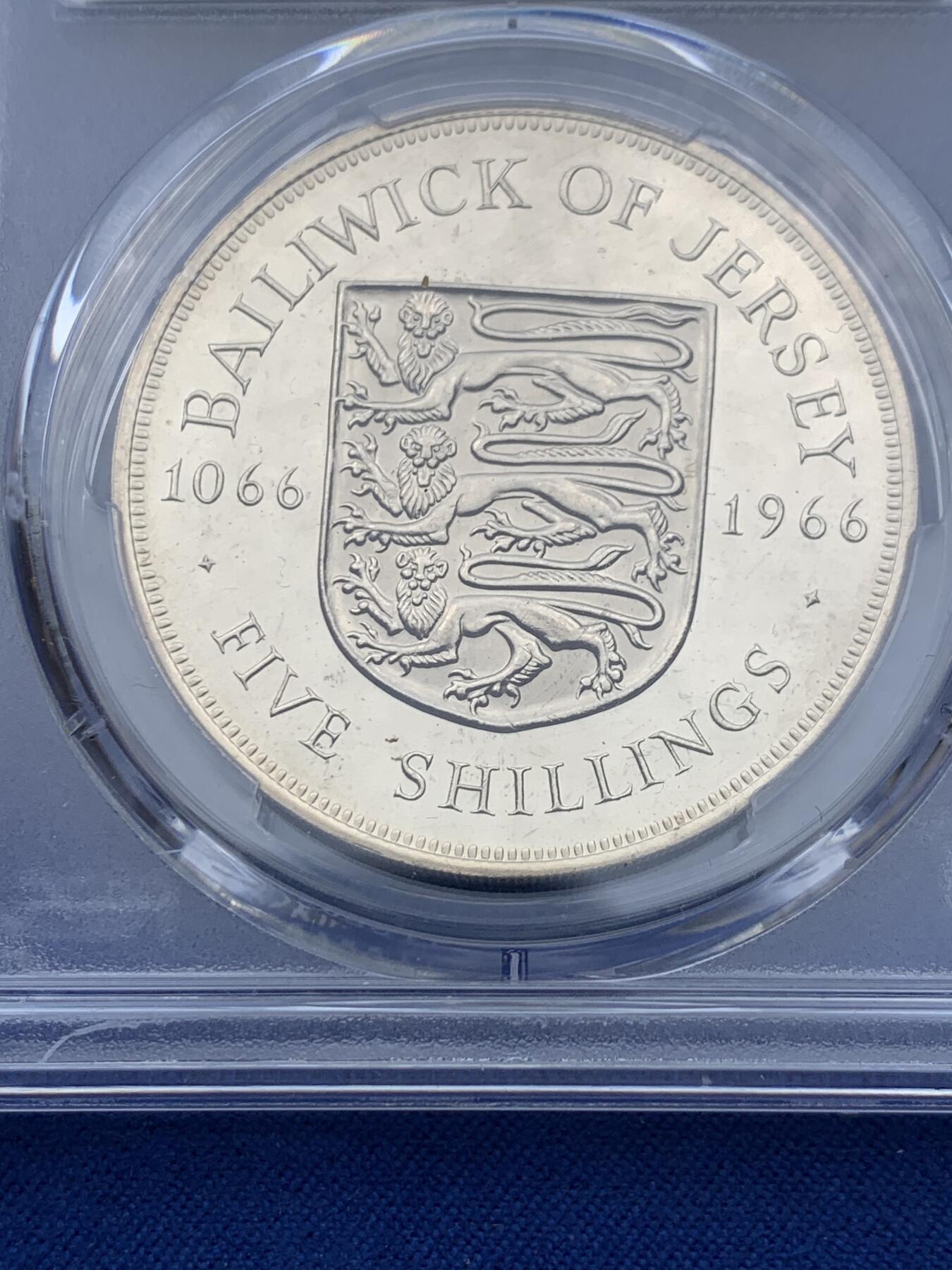 《竞宝斋》第354场 周日，周一，周二 3场连拍 （全场包邮） PCGS PR65DCAM 英属泽西1966年伊丽莎白女王5先令诺曼征服纪念精制克朗币