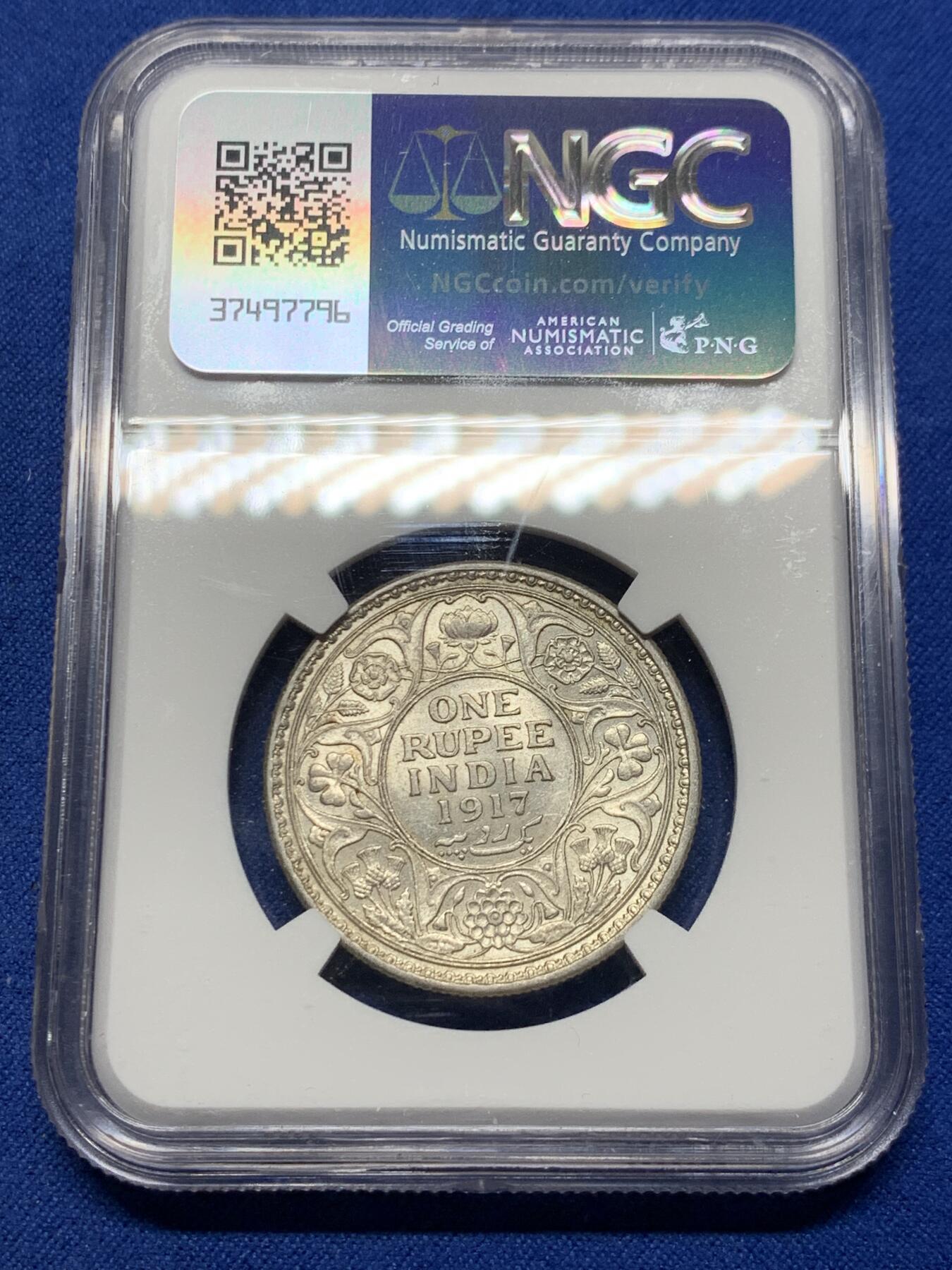 《竞宝斋》第354场 周日，周一，周二 3场连拍 （全场包邮） NGC AU55 英属印度 1917年 C版 乔五 1卢比银币