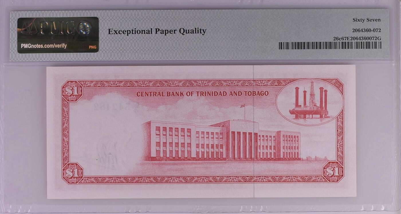 收藏联盟Quantum Auction 第409期拍卖 @征集拍品 长期供货可享分佣福利  1964年特立尼达和多巴哥 1元 戎装女王 PMG67E Trinidad & Tobago, Central Bank, 1 Dollar 1964 - Wmk: Bird of Paradise