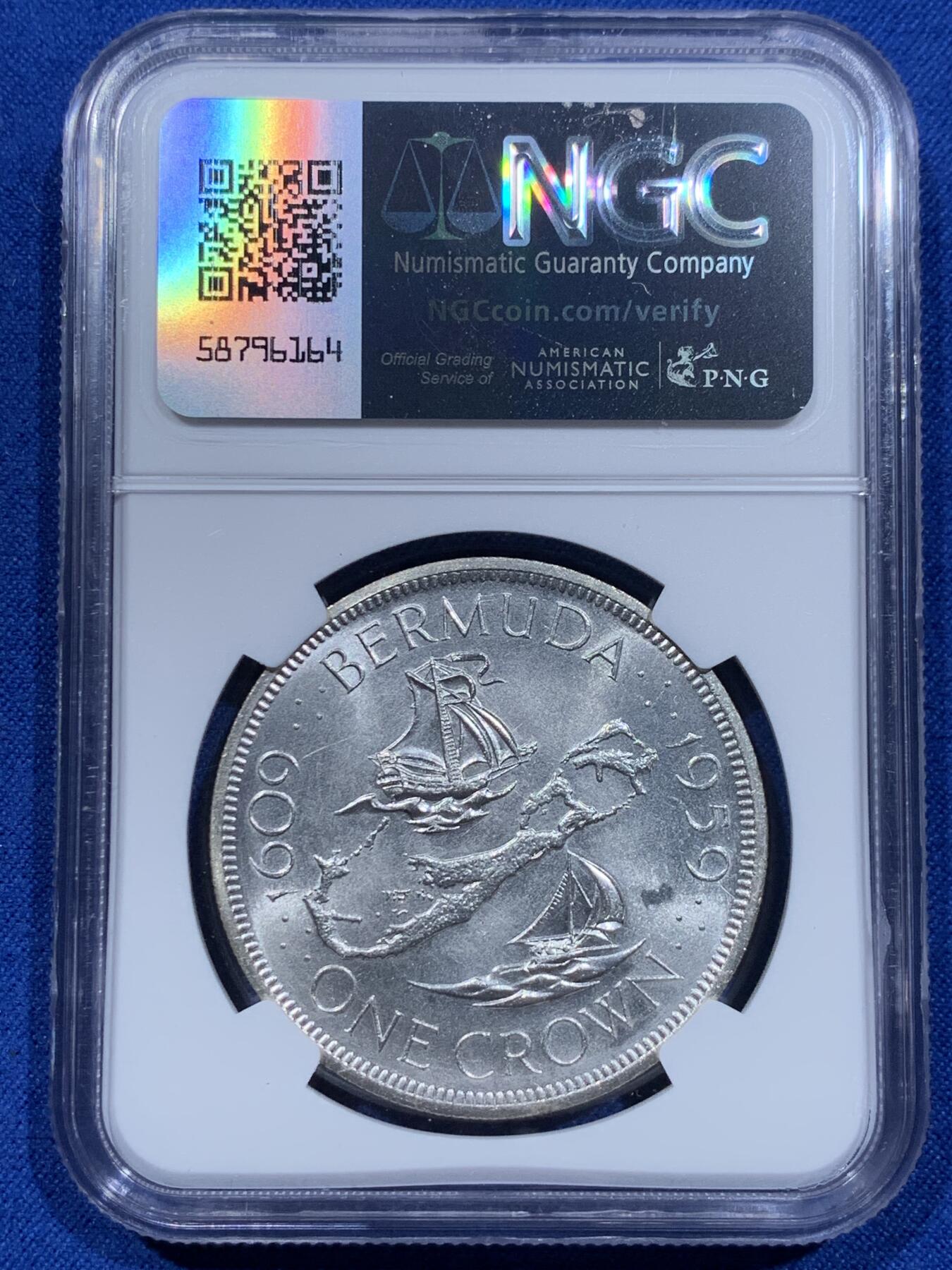 《竞宝斋》第354场 周日，周一，周二 3场连拍 （全场包邮） NGC MS67 百慕大1959年伊丽莎白二世1克朗纪念银币，自治的英国海外领地独立发行的首枚钱币。