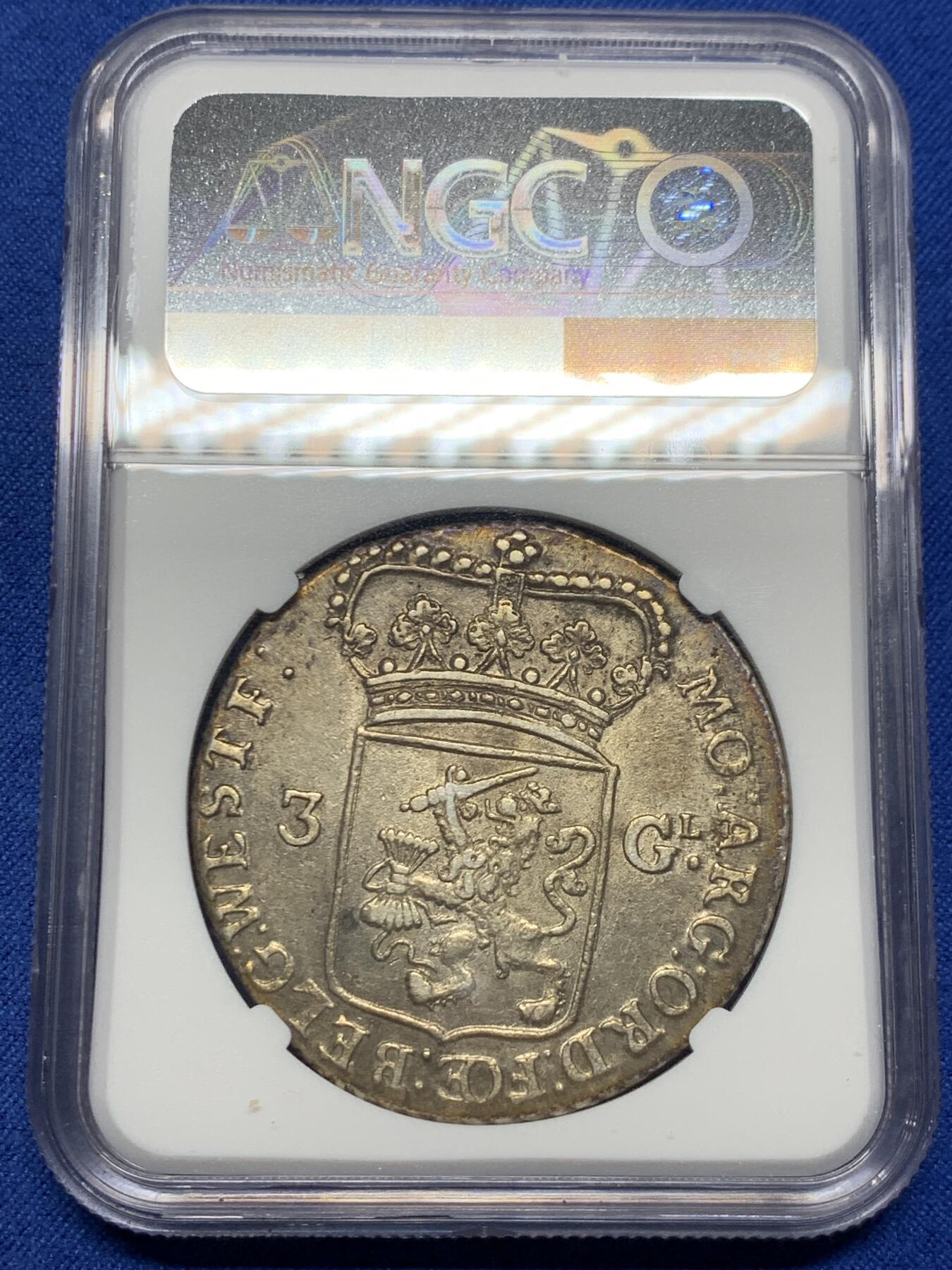 《竞宝斋》第354场 周日，周一，周二 3场连拍 （全场包邮） NGC AUD 荷兰1791年西弗里斯兰省站人3盾大银币 人物脸部清晰