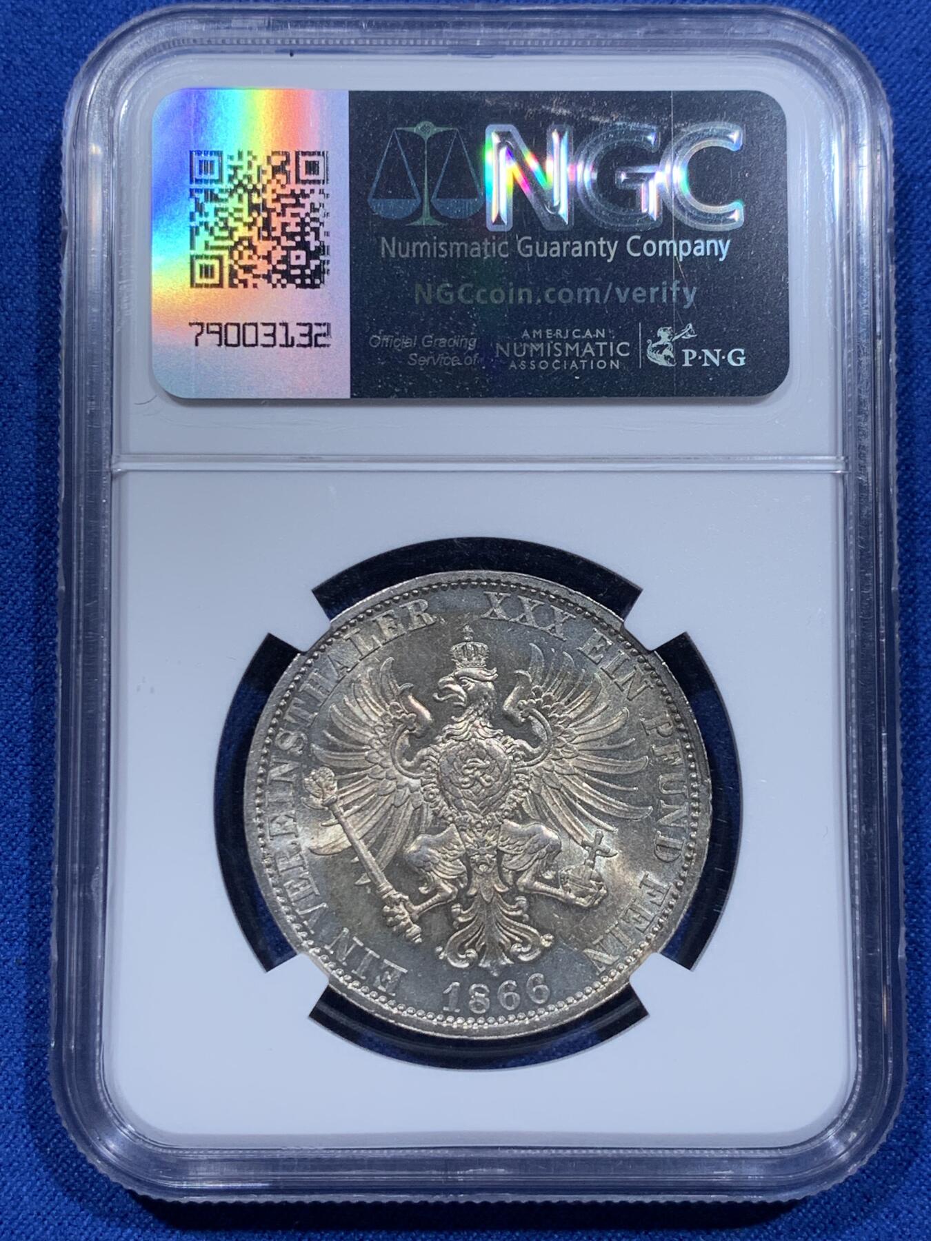 《竞宝斋》第354场 周日，周一，周二 3场连拍 （全场包邮） NGC MS62 德国1866年普鲁士威廉一世流通泰勒银币 任何流通泰勒MS都难得 此枚是普奥战争年 相比普奥胜利泰勒好品少很多