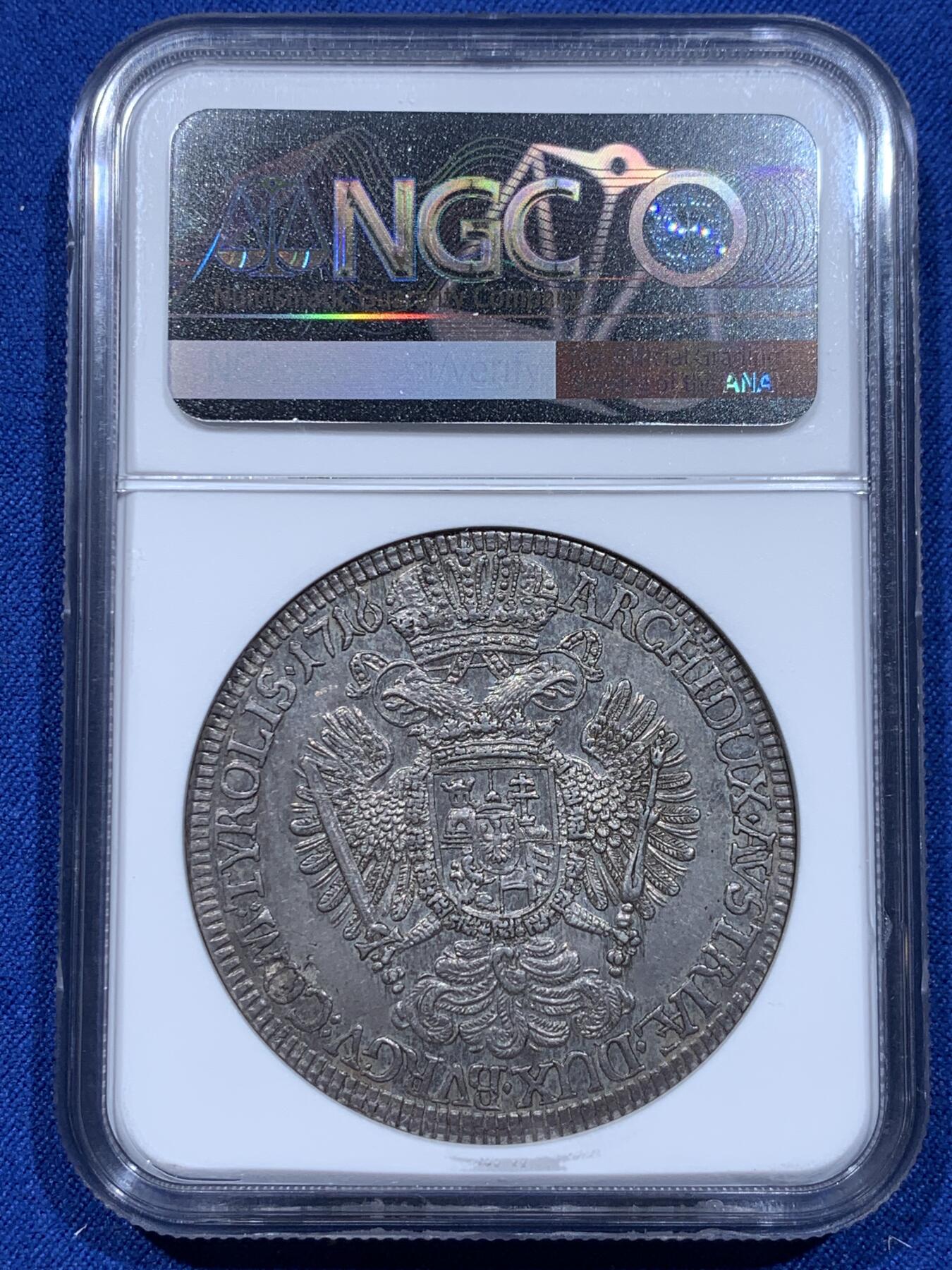 《竞宝斋》第354场 周日，周一，周二 3场连拍 （全场包邮） NGC MS62 冠军分 神圣罗马帝国1716/5骑字泰勒大银币，神罗总庭。少见卡尔六世年轻头像，大卷毛。双面深打，发丝鹰羽细节纤毫毕现，卓绝冠军品质