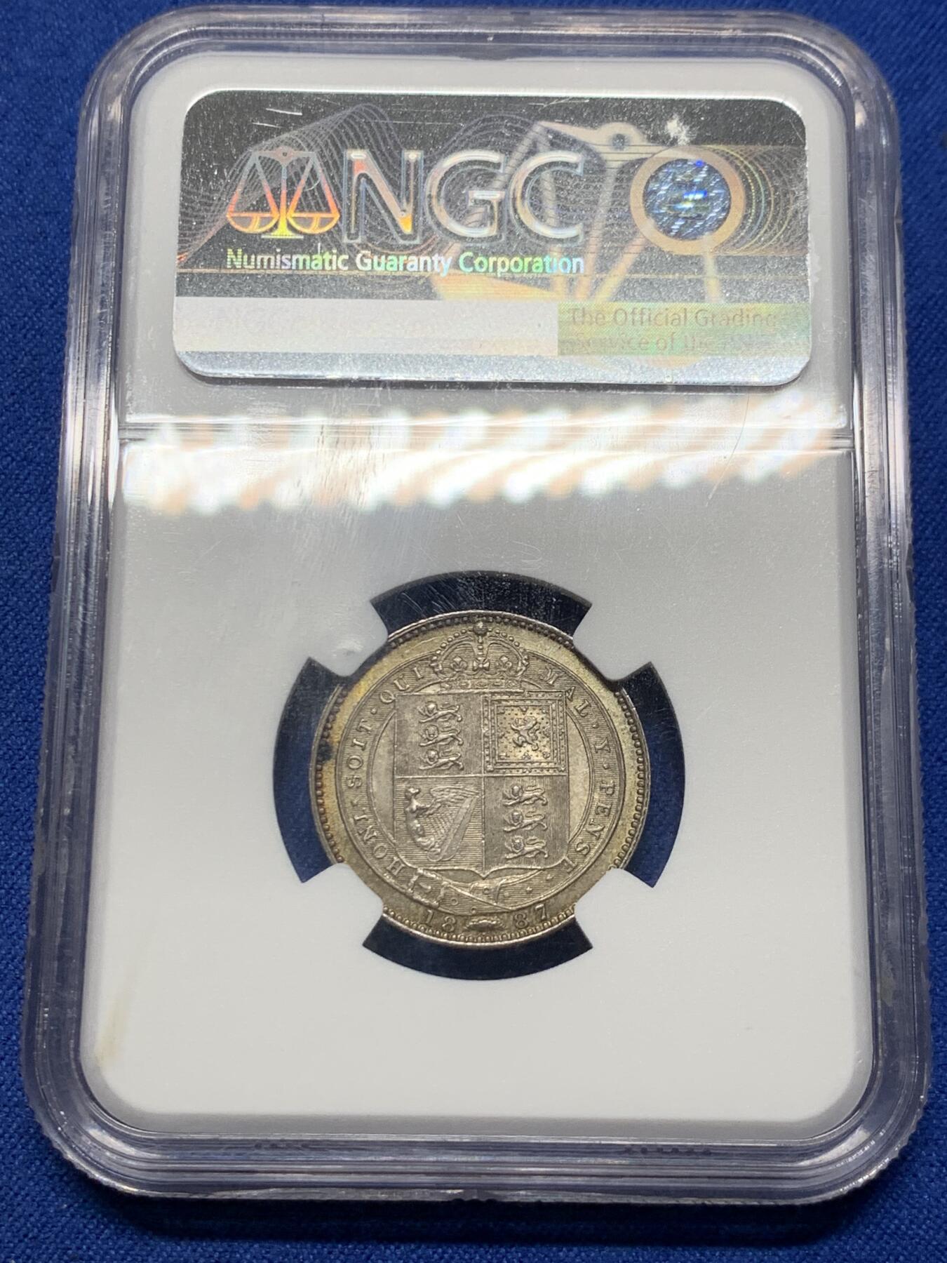 《竞宝斋》第354场 周日，周一，周二 3场连拍 （全场包邮） NGC MS62 英国1887年维多利亚高冠1先令银币