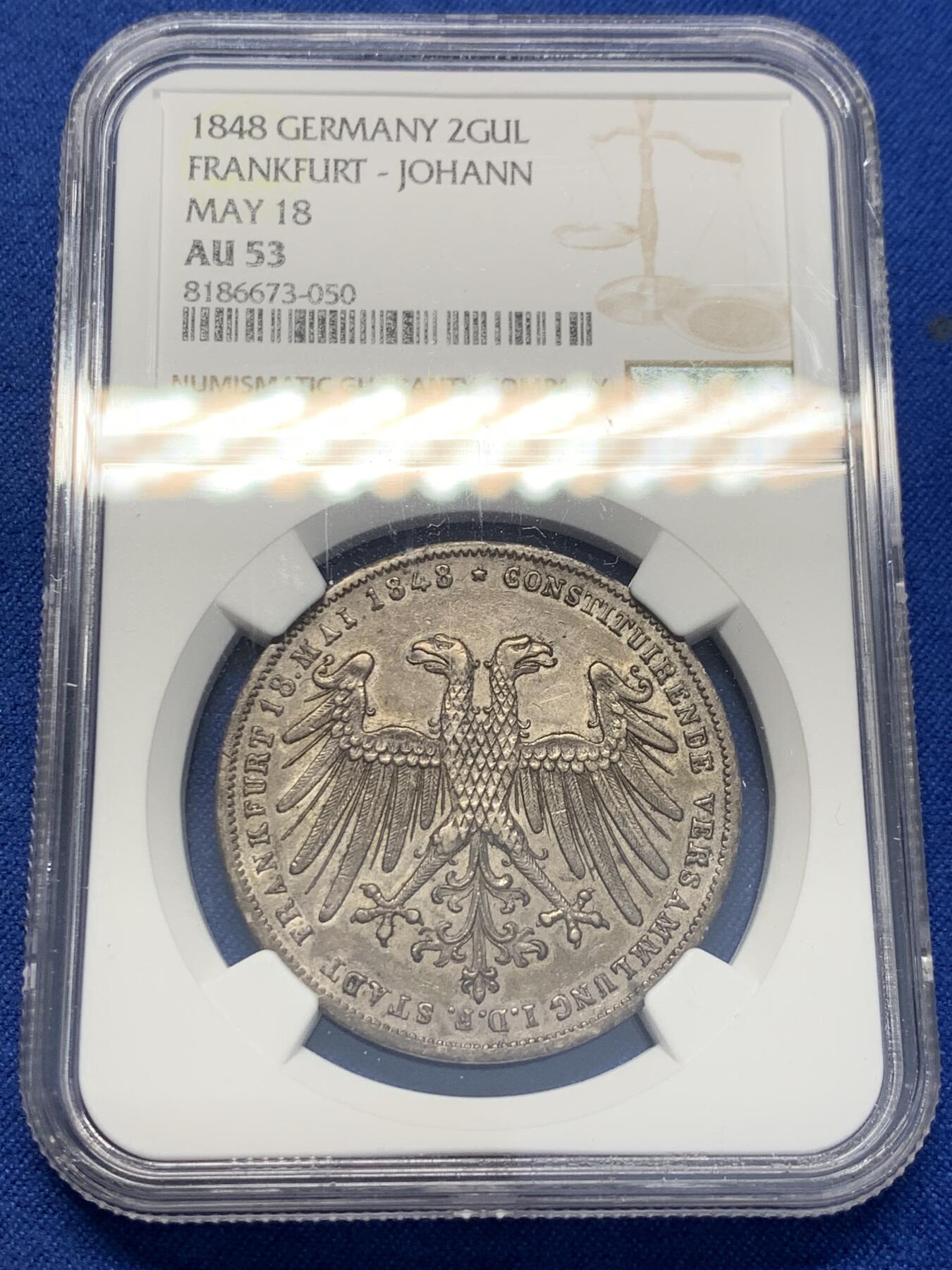 《竞宝斋》第353场 周日，周一，周二 3场连拍 （全场包邮） NGC AU53 德国1848年法兰克福双头鹰2盾银币